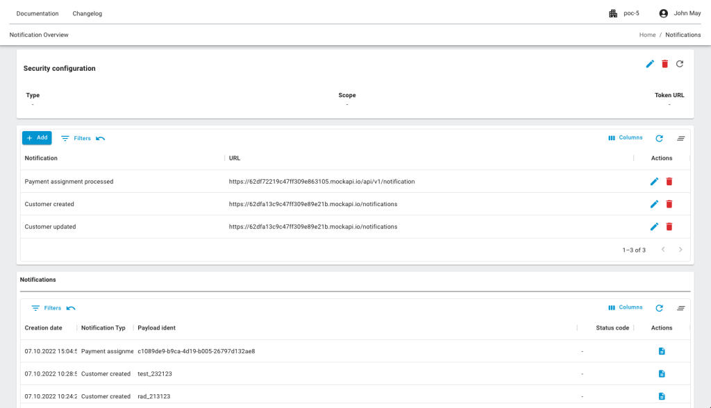 Screenshot of custom notifications and notification history in nitrobox webportal