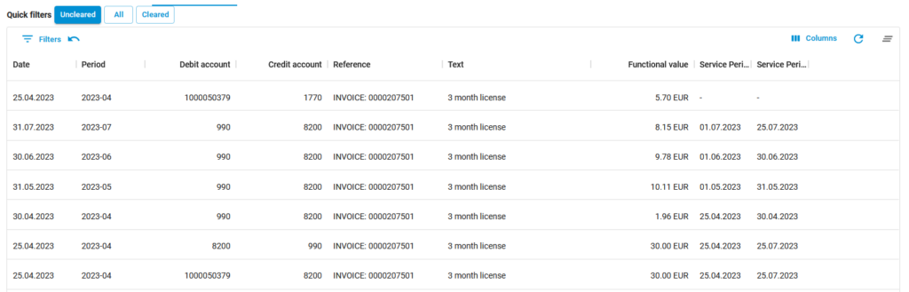 Screenshot of nitrobox revenue recognition feature showing example of 3 months of booking entries