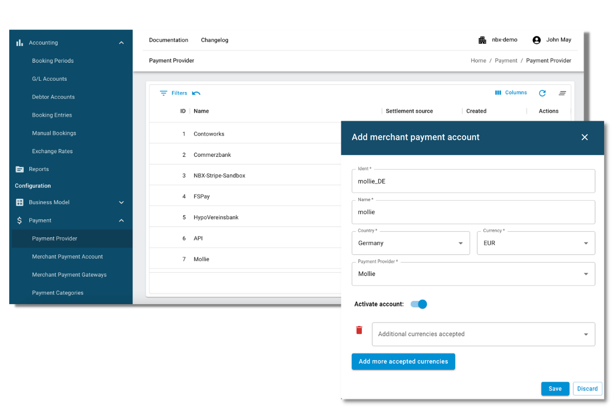 Screenshot of configured payment providers and configurable merchant payment accounts