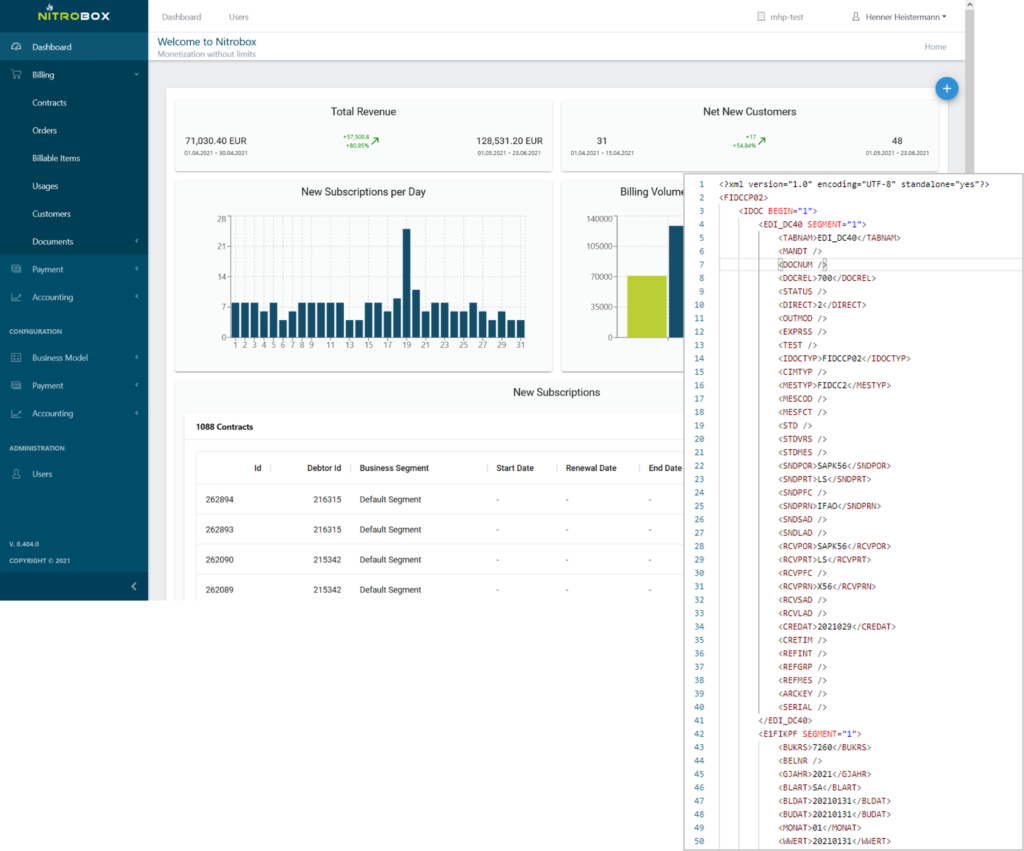 Nitrobox order-to-cash platform screenshot of reporting and analytics feature